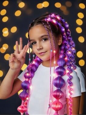 LED Light-Up Braided Hair Extensions for Kids - Pink Purple